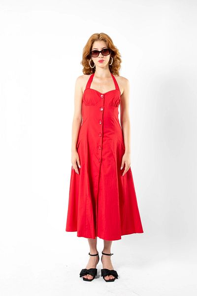 Bak Moda Buttoned Red Poplin Dress