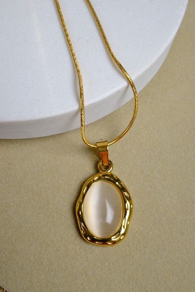 Zalifra Minimal Series, Beige Color Oval Stone, Asymmetric Frame Steel Necklace