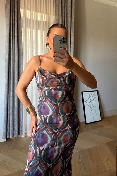 Tuba Butik Patterned Degaje Collar Long Tulle Dress