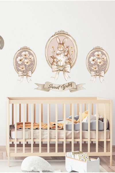Sim Tasarım Vintage Frame Look Cute Rabbit Family and Flowers Διακοσμητικό Σετ αυτοκόλλητων τοίχου