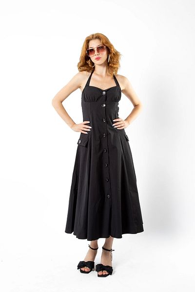 Bak Moda Buttoned Black Poplin Dress