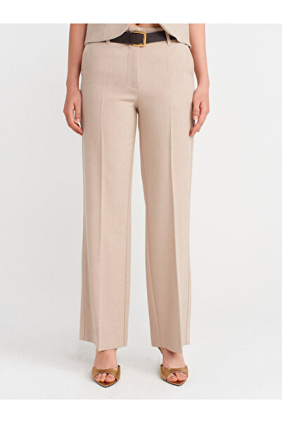 Dilvin 72141 Belted and Flowy Straight Fit Trousers-Stone