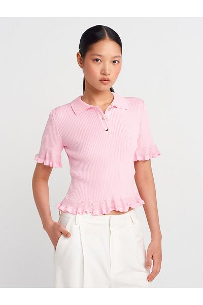 Dilvin 10780 Polo Neck Buttoned Ruffled Knitwear Blouse-Pink