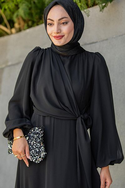 Tesettür Çarşım Delicate Matte Chiffon Hijab Evening Dress-Black