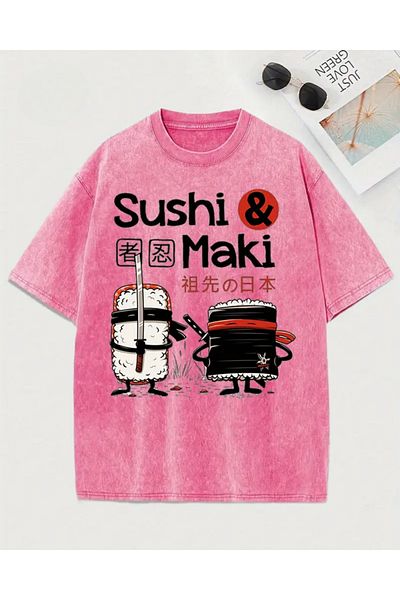 Touz Moda Sushi Maki εμπριμέ πλενόμενο Vintage Unisex Oversize T-shirt