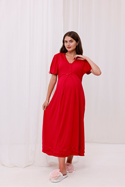 Yulem Homewear Cherry Lace Detailed Long Dressing Gown Maternity Nightgown-Dressing Gown Set of 2