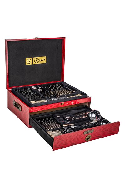 Trendy's RAWI 84 Piece Stainless Steel Cutlery Set, Elegant Red Wood Box