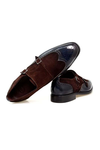 FRANCO CALVANI Brown Navy Blue Laceless Buckle Khaki Leather Suede Men's Shoes