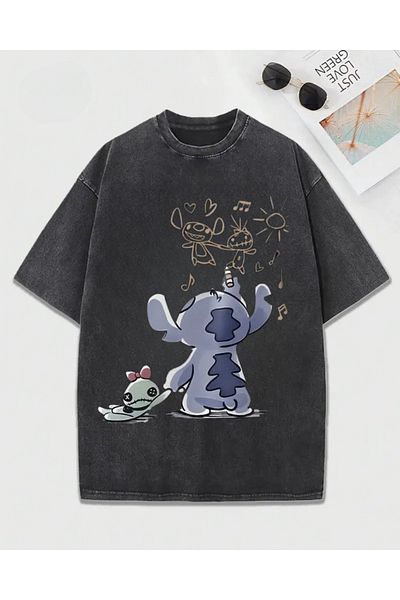 Touz Moda Love Stitch Printed Washable Vintage Unisex Oversize T-Shirt