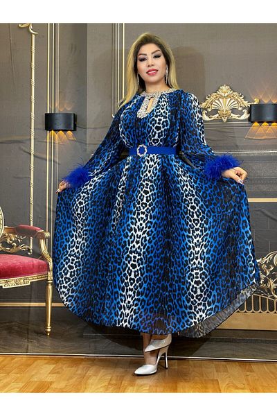 Yeşilmoda Evening Dress Women's Blue Leopard Stone Collar Detail Long Sleeve Silk Crepe Feathered Aster Zip-Up Pleated