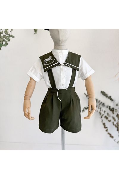 Sis and Bro Khaki Horse Embroidered Shorts Salopet - Shirt