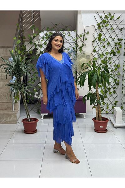 Punta Otantik Nc65714 Italian Collar Sequin Ruffle Silk Dress Saks
