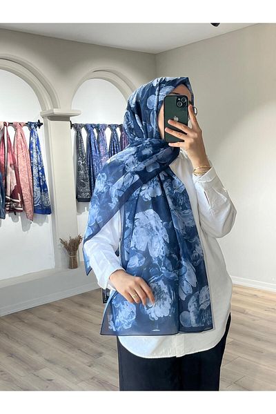 Merwiss Aura Silk Crepe Shawl-Navy Blue