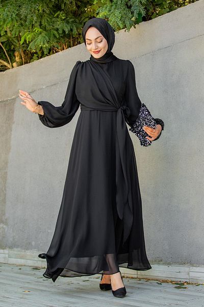 Tesettür Çarşım Delicate Matte Chiffon Hijab Evening Dress-Black