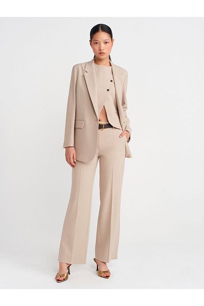 Dilvin 72141 Belted and Flowy Straight Fit Trousers-Stone