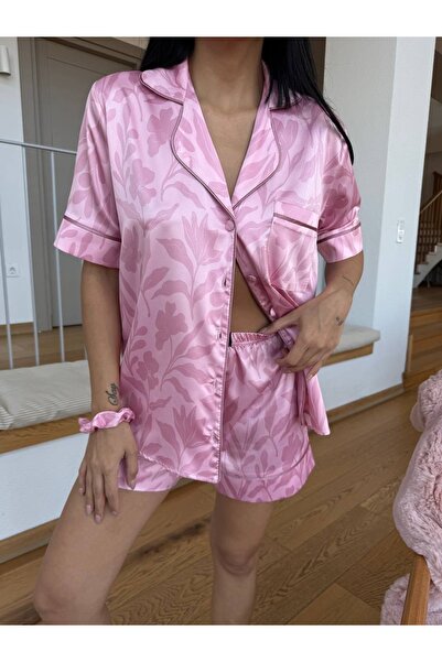 Lingeries Co Saten Kısa Gömlek Şort Pijama Takımı Tokalı Çeyizlik