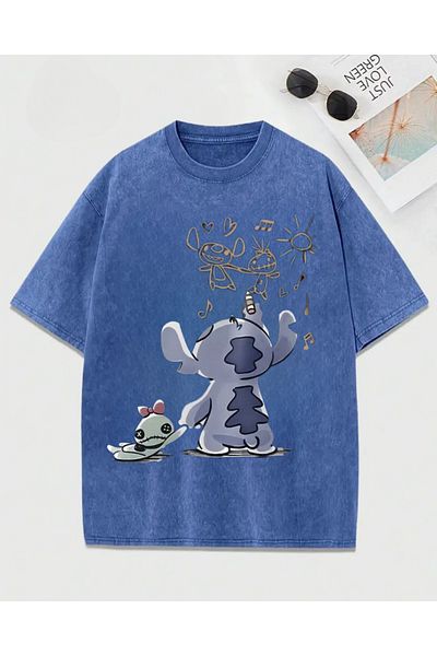 Touz Moda T-Shirt Oversize Unisex Vintage Πλενόμενο με Σχέδιο Love Stitch