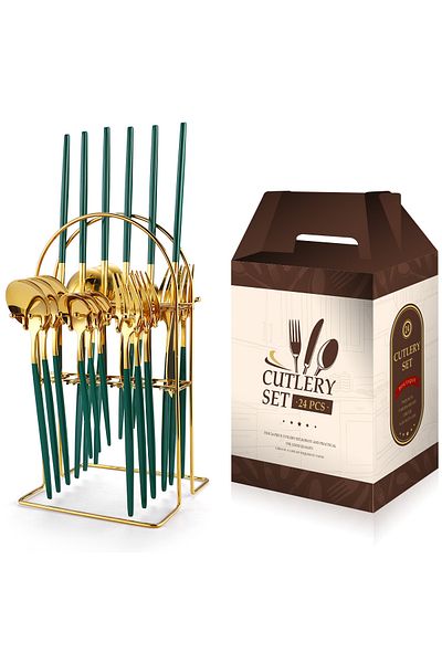 Trendy's Portuguese cutlery set, stainless steel 24 pieces, with stand, TRENDY'S, green-gold