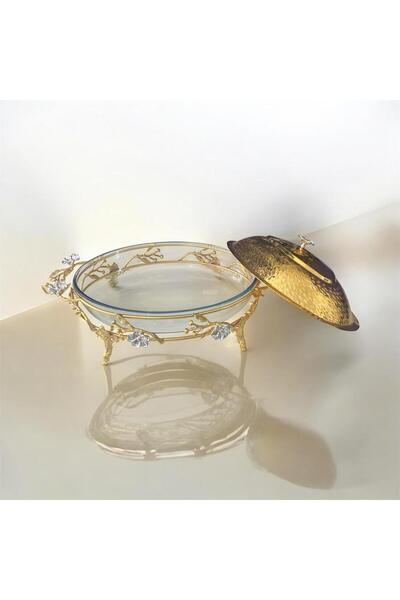 partridge store طبق تقديم بيضاوي بغطاء معدني وقاعدة معدنية مقاس 45 سم ذهبي