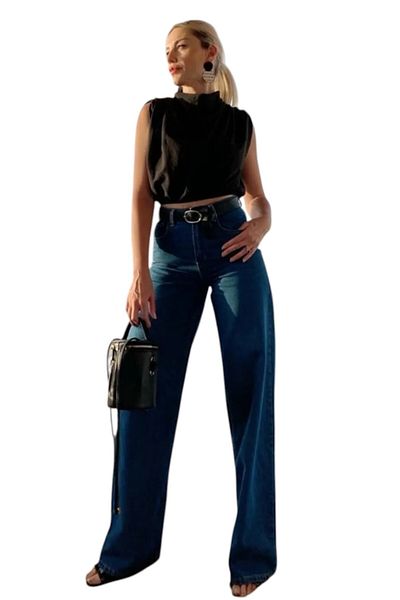 byhaziran butik Atalanta Young Girl Dark Blue High Waist Elastane Blended Unlined 90's Loose Leg Jeans