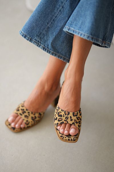 selinshoes Tessa Genuine Leather Heeled Women's Slippers - Leopard