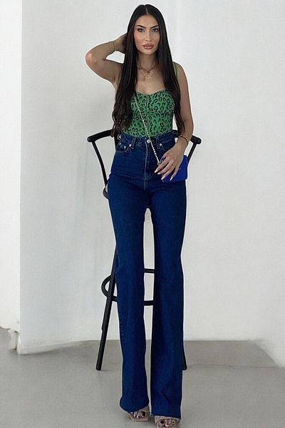 byhaziran butik Piko Women's Dark Blue Extra High Waist Flexible Waist Comfortable Wide Leg Jean