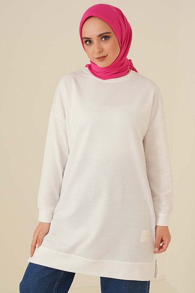 Smymoda Women's Seasonal Loose Crew Neck Embroidered Long Hijab Tunic Long Sports Model Seasonal Tunic