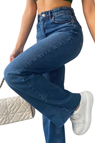 byhaziran butik Aden Дівчачі джинси темно-сині з високою талією та широкими штанинами