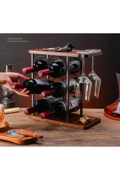 divendi-ro Holder for 6 wine bottles and 2 glasses, steel and wood, 34x16x35 cm, black-brown