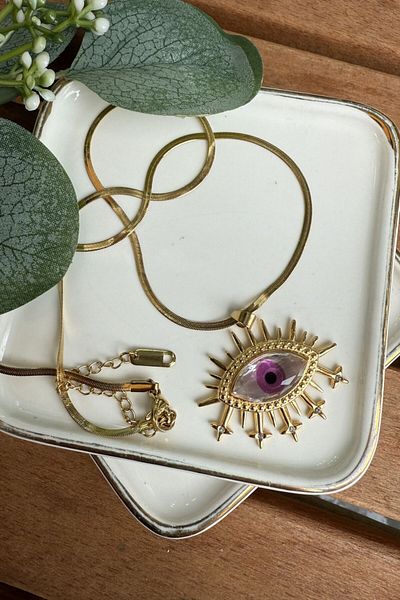 My Joyas Design Purple Eye Necklace in Steel Crystal Stone 50cm
