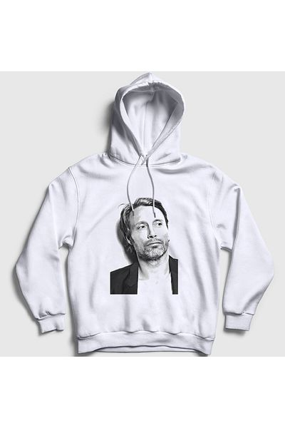 Presmono Unisex White Pose V2 Mads Mikkelsen Φούτερ με κουκούλα 555613tt