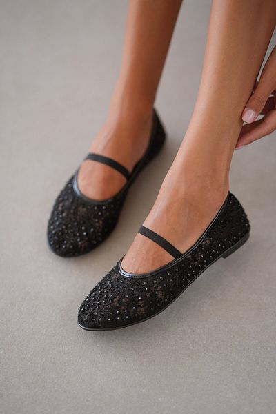 selinshoes Flare Glitter Stone and Tulle Detailed Over-The-Ankle Elastic Women's Ballerinas - Black