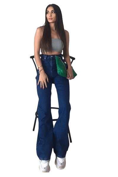 byhaziran butik Quenta Women's Dark Blue Extra High Waist Stretchy Loose Loose Leg Jeans