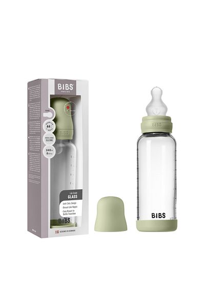 Bibs Complete set of anti-colic glass bottle with silicone nipple, medium flow, 240 ml, Sage