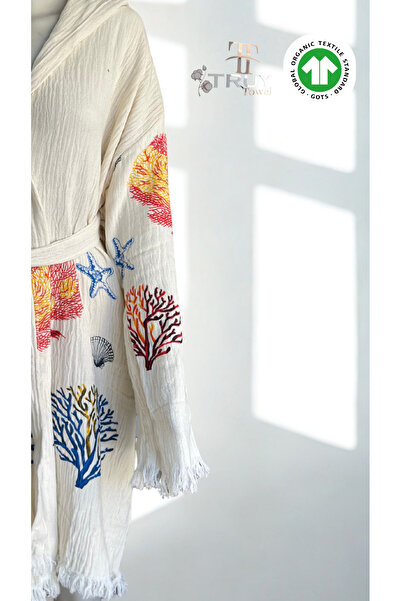 TruyTowel %100 PAMUK MÜSLİN TAŞ DENİZ YILDIZI DESENLİ BORNOZ