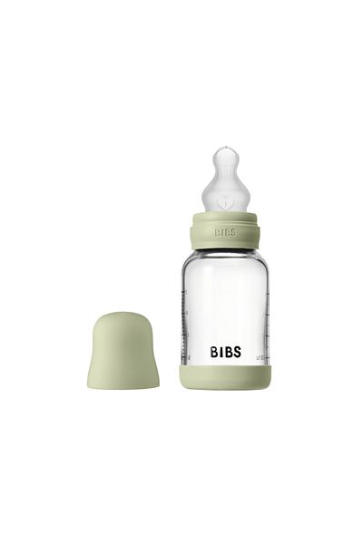 Bibs Complete set of anti-colic glass bottle with slow flow silicone nipple, 120 ml, Sage