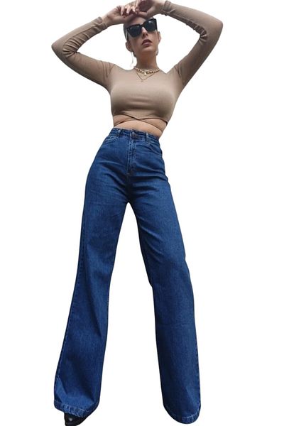 byhaziran butik H.K Young Girl Dark Blue High Waist Elastane Blended Unlined Wide Leg Jeans