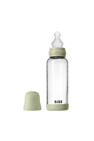 Bibs Complete set of anti-colic glass bottle with silicone nipple, medium flow, 240 ml, Sage