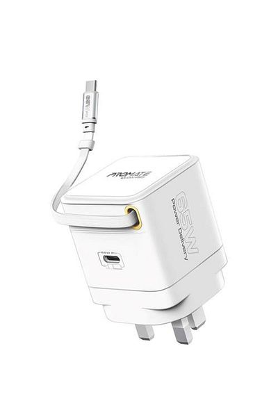 Promate 65W GaN Super Fast Charger with Retractable USB-C Cable, USB-C Power Delivery Port,
