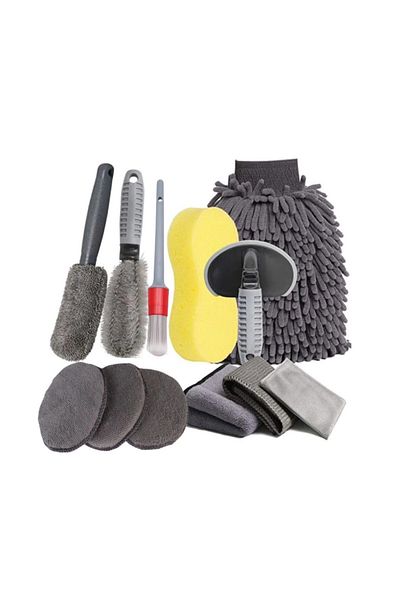 divendi-ro Car wash kit with 12 pieces, brushes, handle, sponge and washcloth, yellow-grey