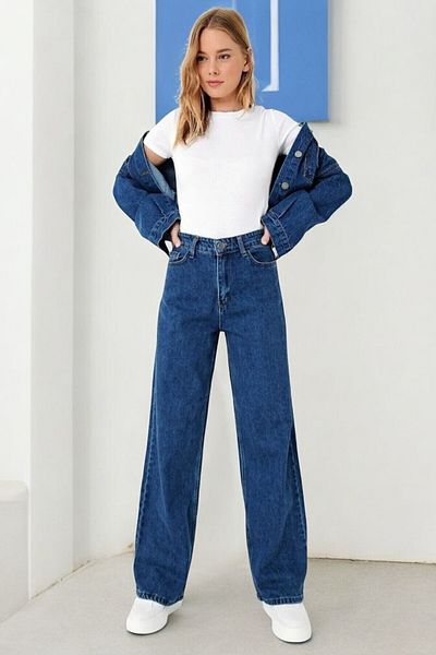 byhaziran butik Carol Women's Dark Blue Extra High Waist Stretchy Waist Pocket Detailed Wide Leg Jeans