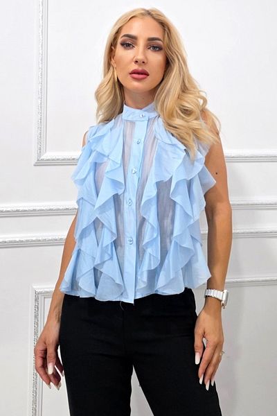 FashionForYou Cămașă fără mâneci din lyocell NIVA, cu volane, albastru deschis, mărimea S/M