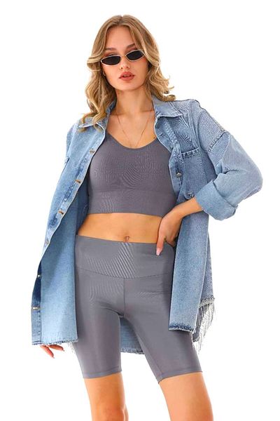 FashionForYou Jachetă lungă din denim Trency, croială cămașă, cu paiete și franjuri asimetrice, Albastru deschis, Mărimea S