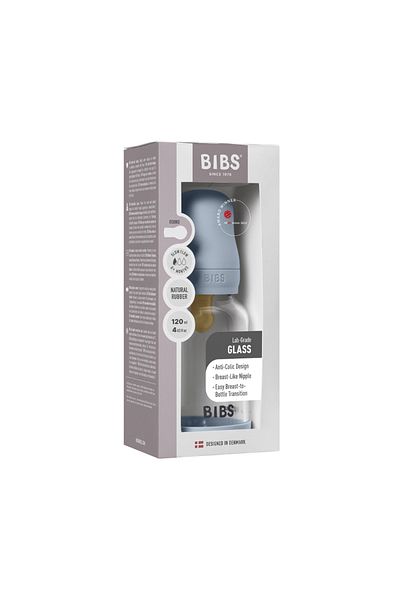 Bibs Complete set of anti-colic glass bottle with latex nipple, slow flow, 120 ml, Baby Blue