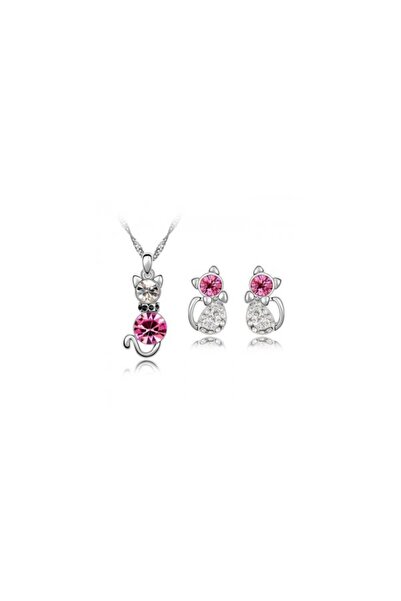 Kelan Silver Set for Women – Necklace, Pendant, and Earrings Cat Model with Pink Crystals