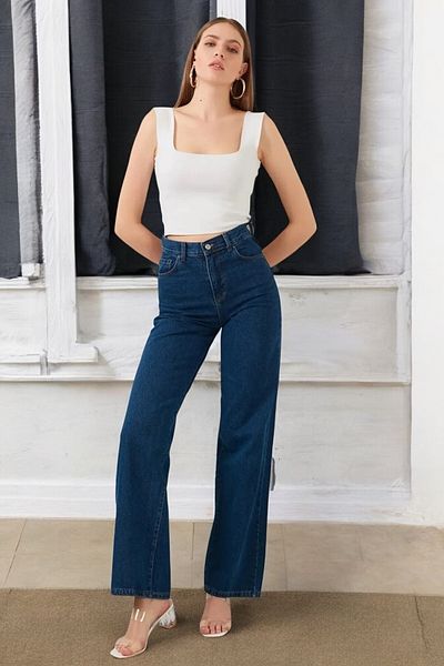 byhaziran butik Deuts Women's Dark Blue Extra High Waist Stretchy Loose 90's Wide Leg Jean