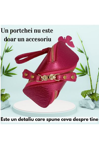 OEM Breloc Din Piele Rosu SidefatPentru Femei, Cu Fermoar Și Curea Detașabilă
