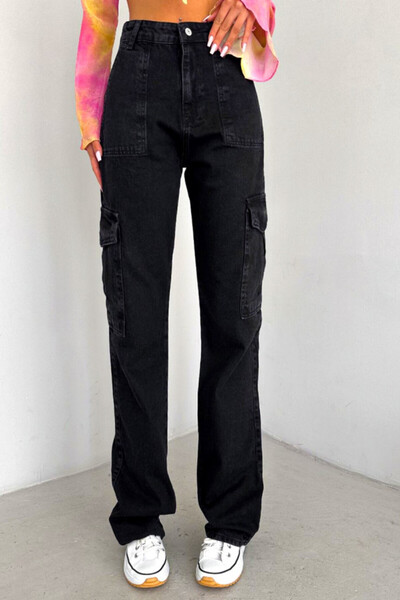 FashionForYou Blugi Antonio, cu croiala dreapta tip cargo si buzunare, Negru