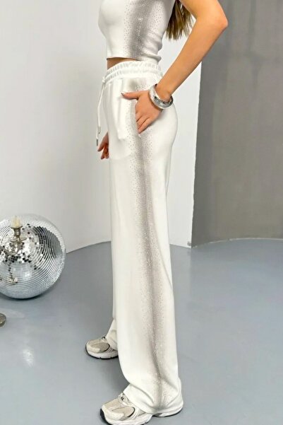 FashionForYou Σετ casual VALKY, με τοπ και παντελόνι σε δύο χρωματικές αποχρώσεις, ΛΕΥΚΟ