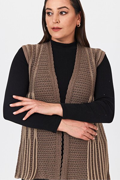 Uludağ Triko Women's Brown Double Color Openwork Embroidered Seasonal Knitwear Mother Summer Vest